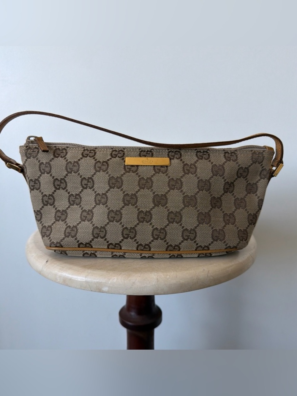 Gucci Brown GG Monogram Shoulder Bag with Leather Trim